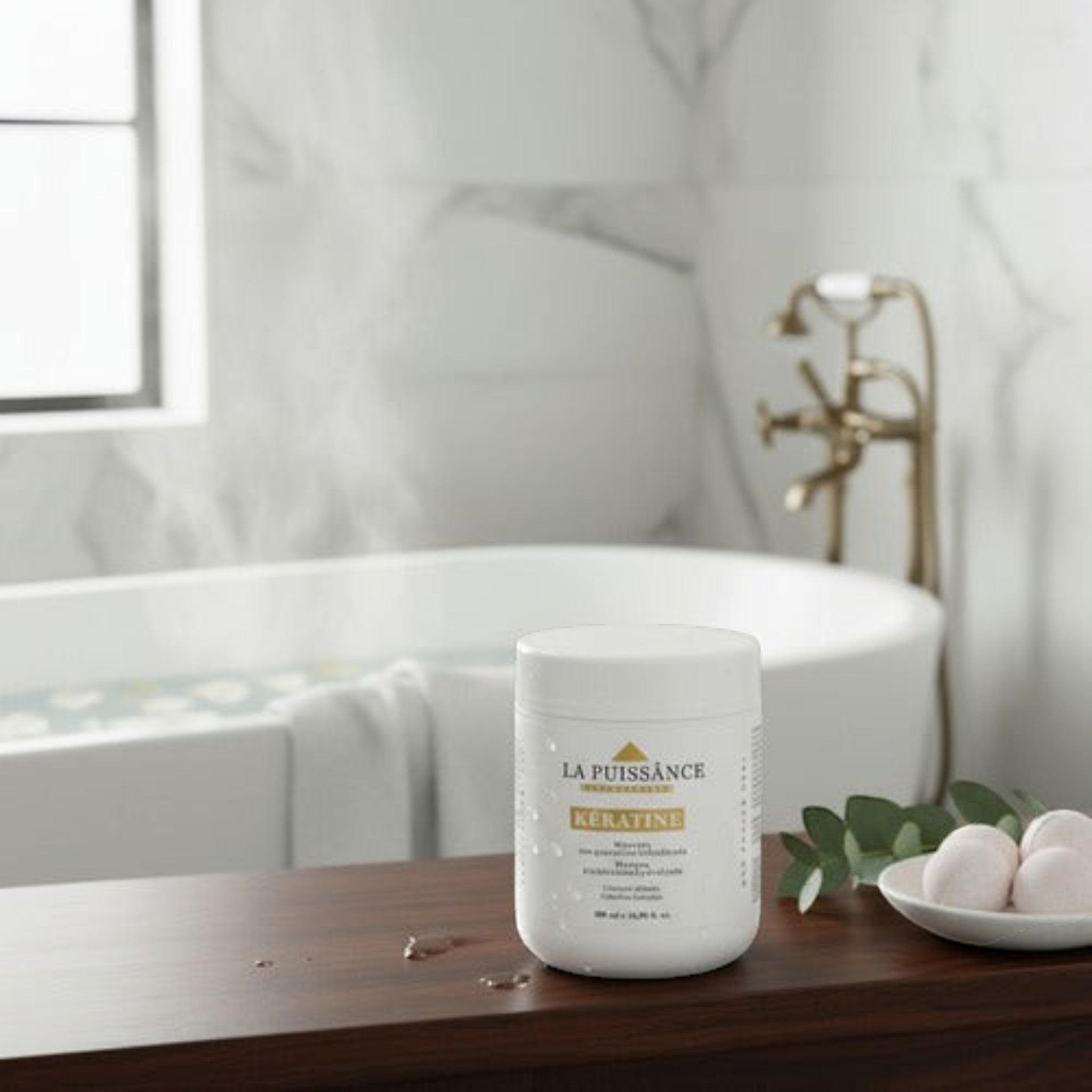 Máscara capilar La Puissance Keratina Antifrizz de 500ml sobre una repisa de madera en un baño con bañera de fondo