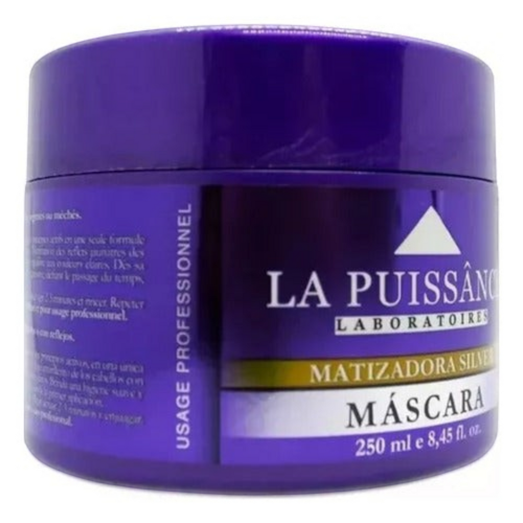 Máscara capilar matizadora Silver de La Puissance en envase morado de 250g, disponible en Distriwil para cabellos rubios