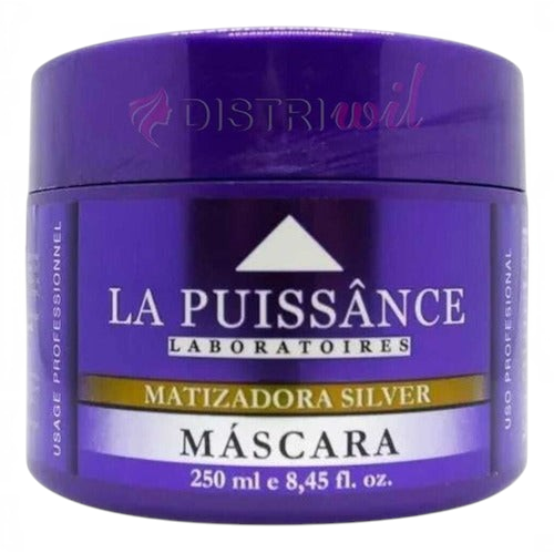 Máscara matizadora Silver Distriwil La Puissance para cabellos rubios y grises en envase morado de 250ml