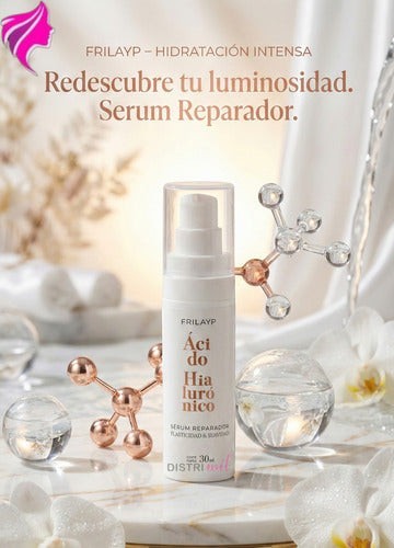 Serum capilar reparador con ácido hialurónico Frilayp de Distriwil en envase dosificador sobre fondo elegante