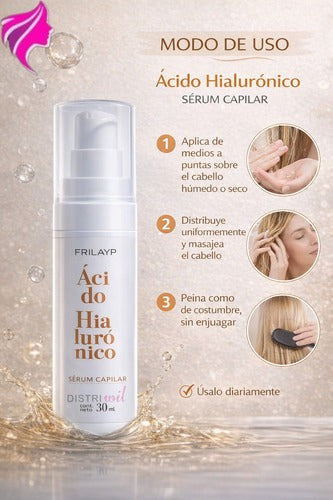 Serum capilar Distriwil con ácido hialurónico de 30ml, incluye instrucciones de aplicación para cabello hidratado