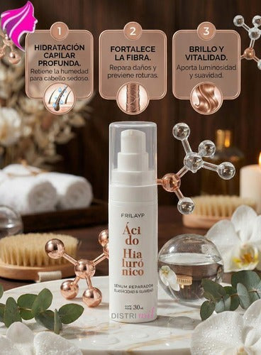 Serum capilar Frilayp con ácido hialurónico de Distriwil para hidratación profunda y brillo en cabello dañado