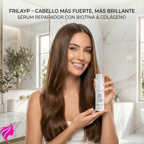 Mujer sonriente sosteniendo serum capilar Frilayp con biotina y colágeno para un cabello brillante y saludable