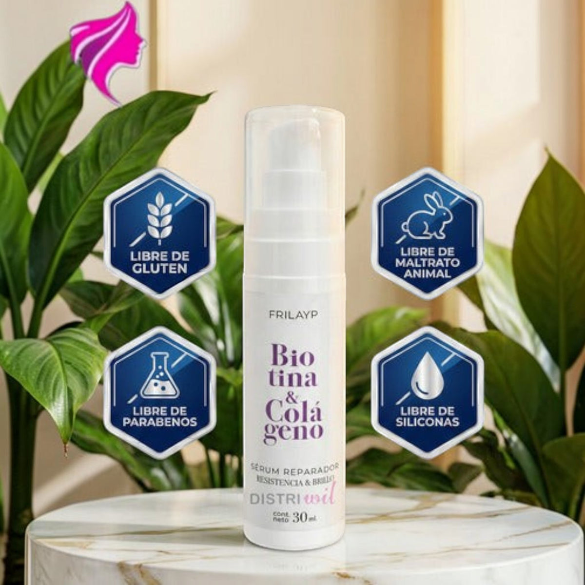 Serum capilar Frilayp con biotina y colageno de Distriwil, envase de 30ml con iconos de libre de crueldad y parabenos.