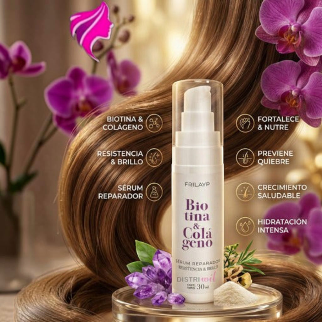 Serum capilar Distriwil Frilayp con biotina y colageno en envase de 30ml para brillo y fortalecimiento del cabello