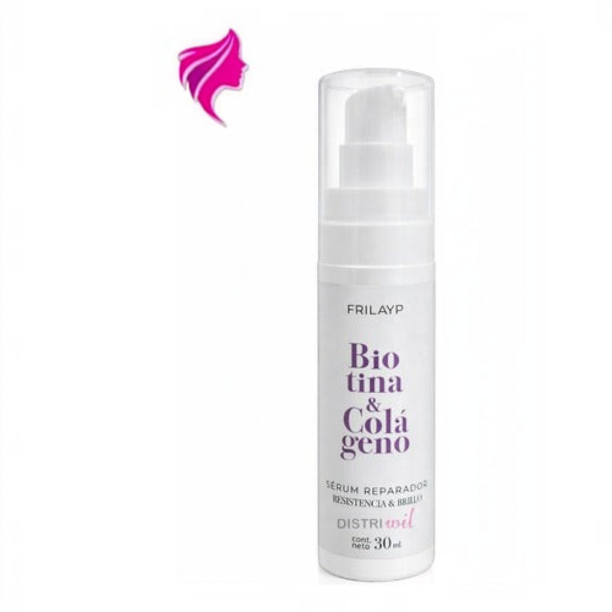 Frasco de serum capilar Distriwil con biotina y colageno de 30ml para brillo y reparacion de cabello
