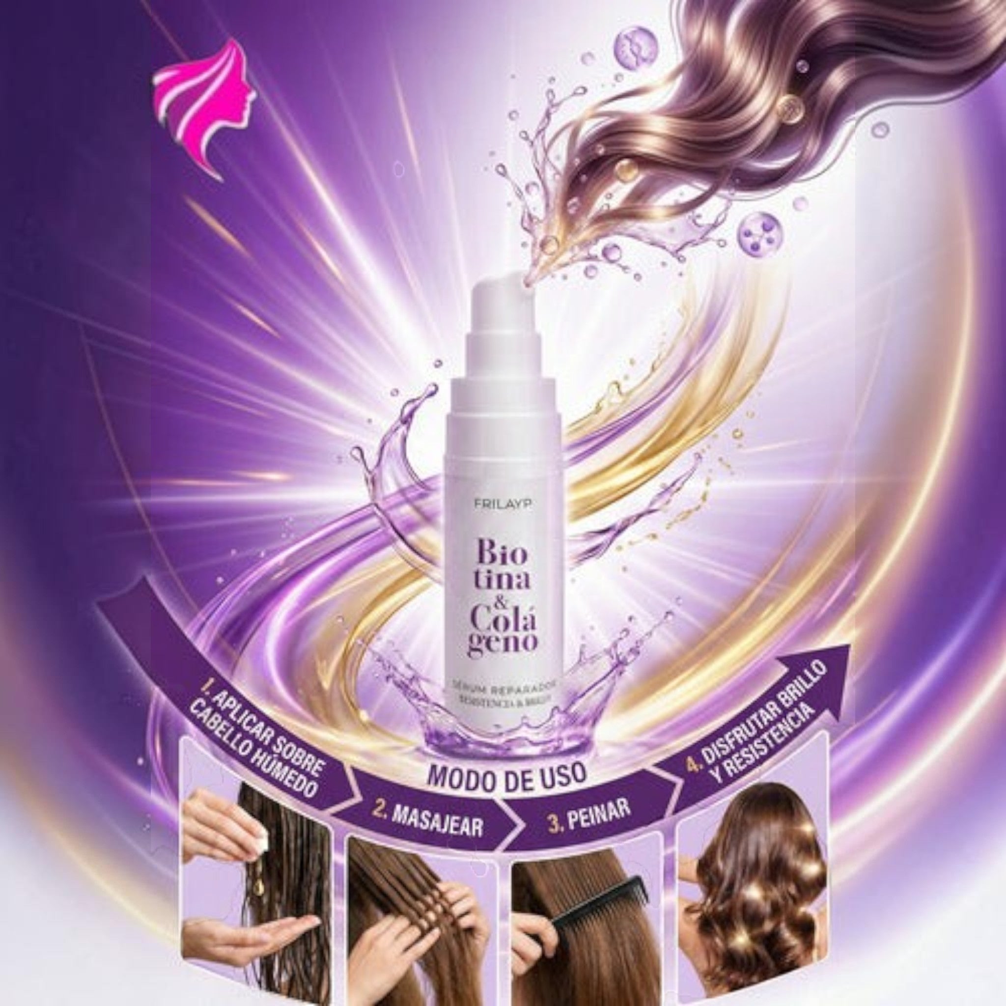 Serum capilar Distriwil Frilayp con biotina y colageno en envase de 30ml para brillo y reparacion de cabello