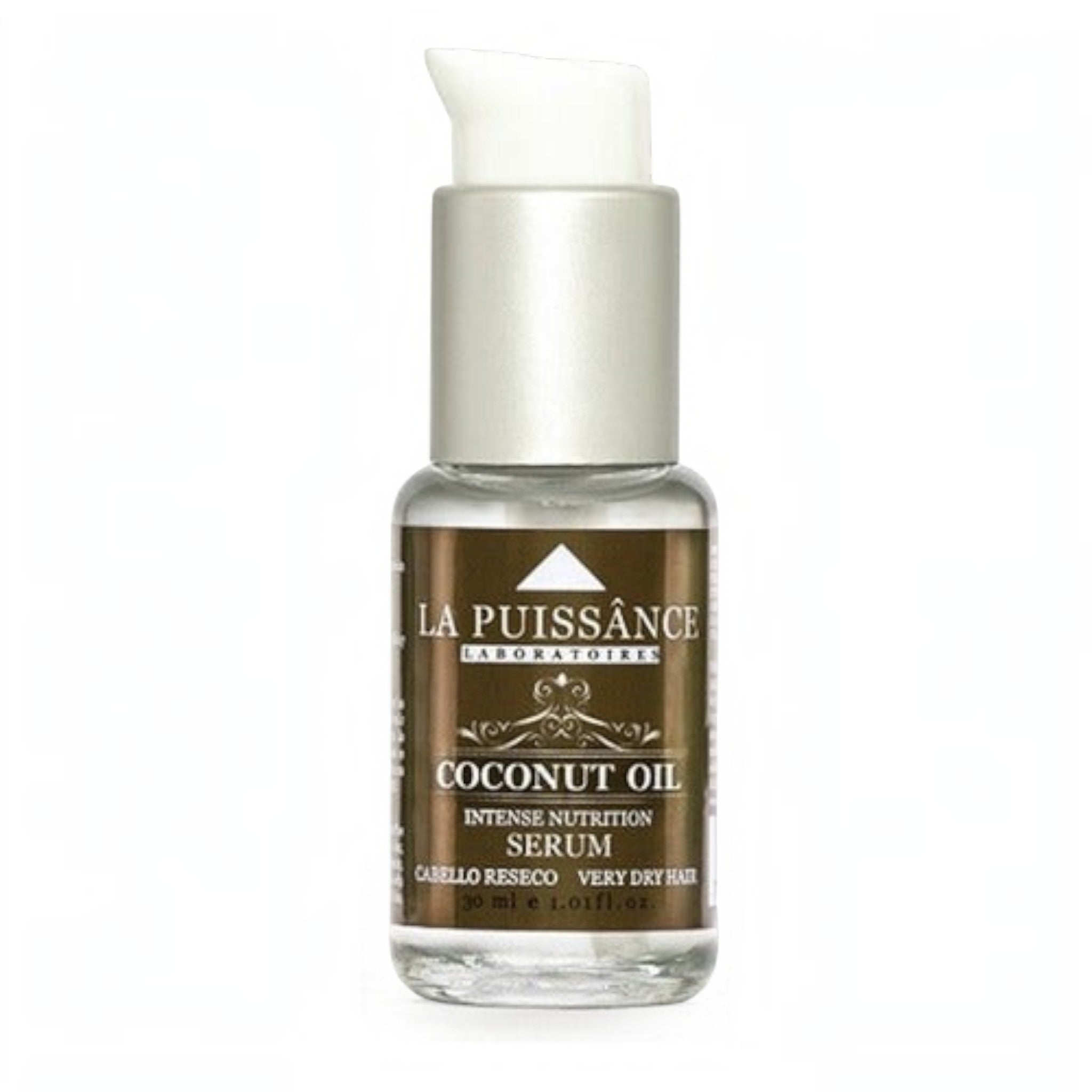 Serum capilar nutritivo de coco La Puissance de Distriwil en frasco dosificador de 30ml para cabello seco