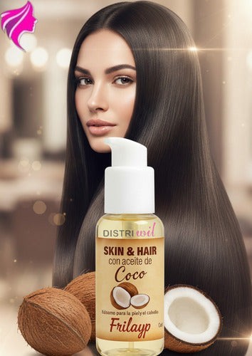 Serum capilar Distriwil Frilayp de coco con dosificador frente a una modelo con cabello largo, liso y brillante.