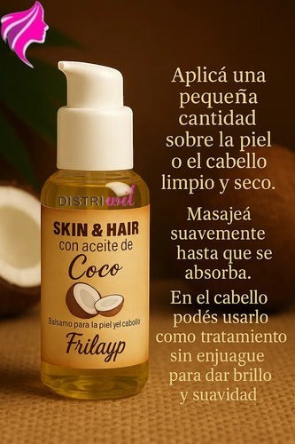 Serum capilar y corporal Distriwil Frilayp de coco en envase dosificador de 50cc con instrucciones de uso