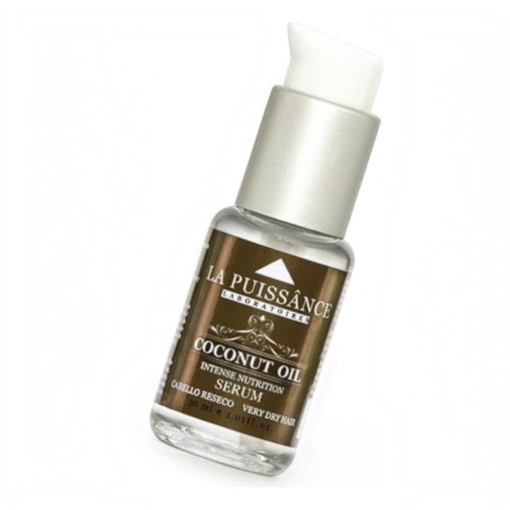Serum capilar nutritivo de coco La Puissance de Distriwil en frasco de 30ml con dosificador para cabello seco