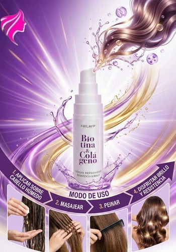 Serum reparador Frilayp con biotina y colágeno de Distriwil para brillo y resistencia en cabellos dañados