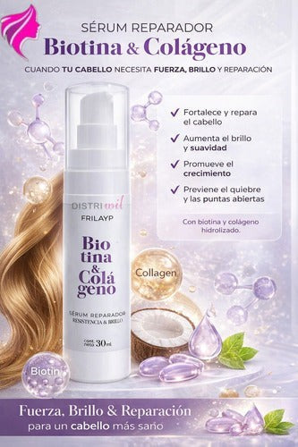 Serum reparador Distriwil Frilayp con biotina y colágeno para fortalecer, dar brillo y reparar el cabello dañado.