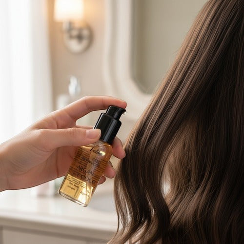 Serum reparador Distriwil Frilayp de coco y argán aplicado en el cabello para reducir el frizz y proteger las puntas