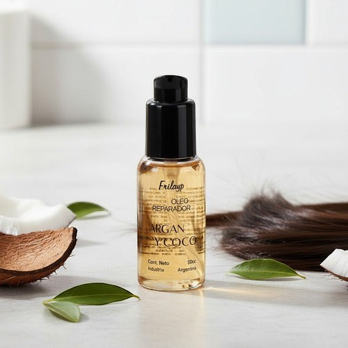 Serum reparador Frilayp con aceite de coco y argán en frasco de 50cc con válvula dosificadora sobre fondo claro