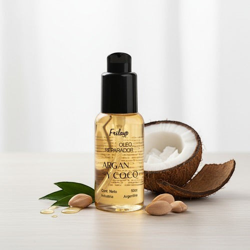Serum reparador Distriwil Frilayp de aceite de coco y argán con válvula dosificadora para el cuidado del cabello