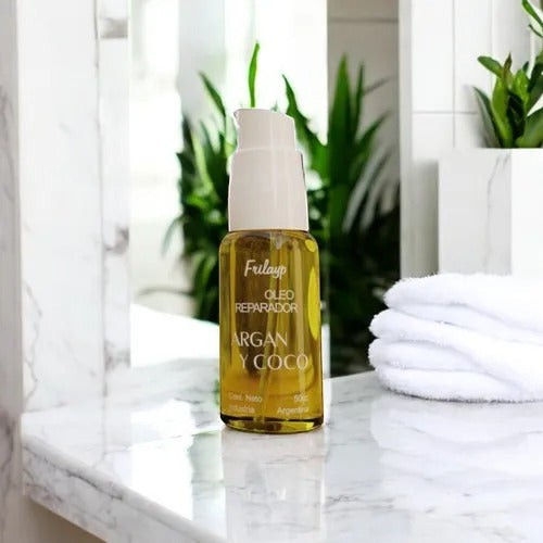 Serum reparador Distriwil Frilayp de aceite de coco y argán en envase de 50cc con válvula dosificadora