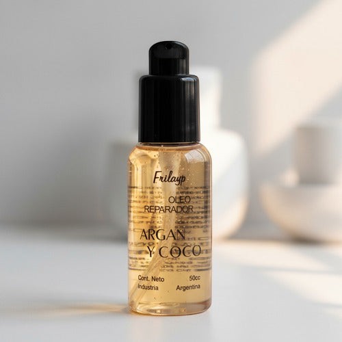 Serum reparador Distriwil Frilayp con aceite de coco y argán en frasco de 50cc con válvula dosificadora