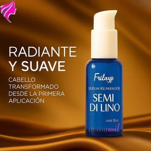Serum reparador Distriwil Frilayp de semilla de lino en envase azul de 50cc para nutrición y brillo capilar