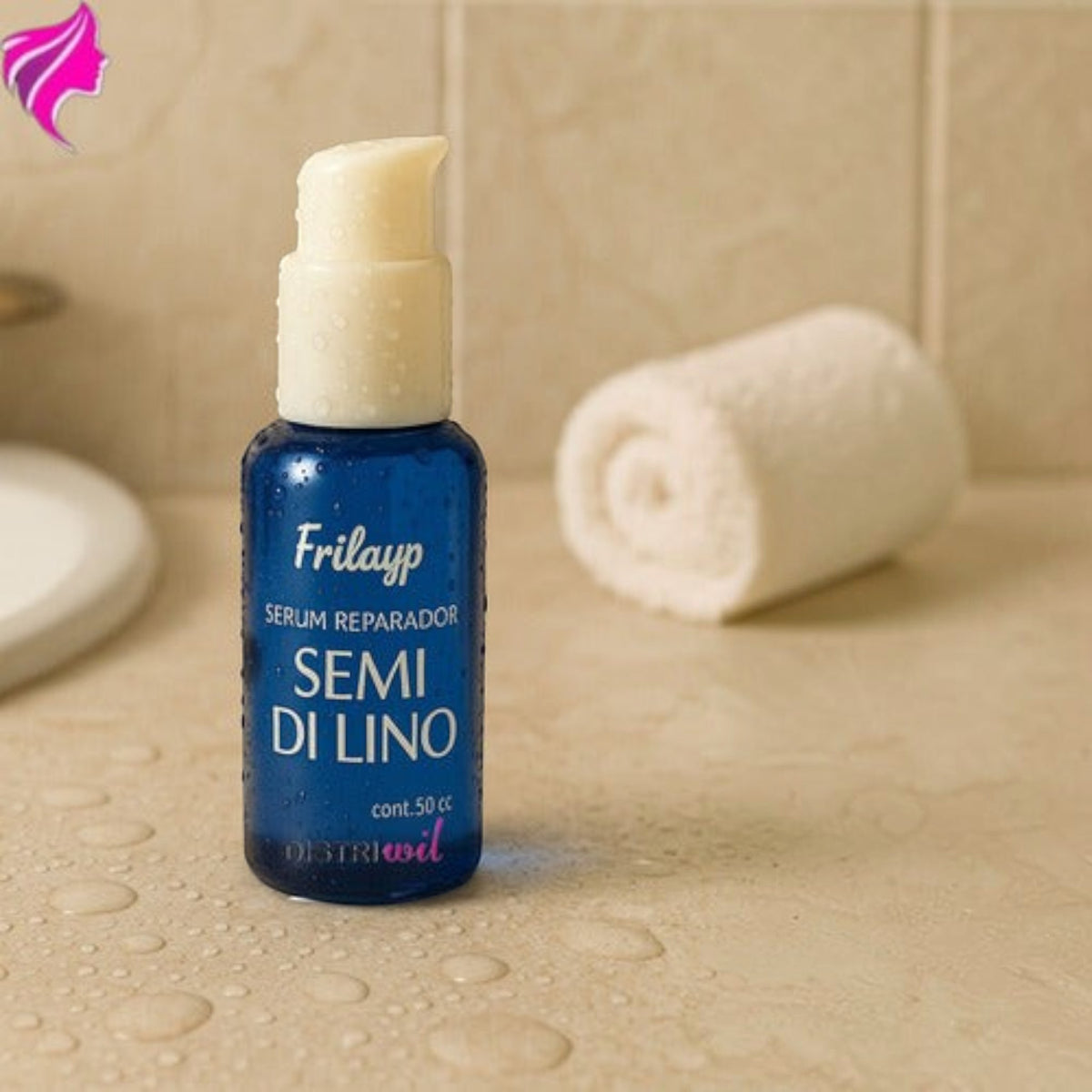 Serum reparador de puntas Frilayp Semi Di Lino de Distriwil en envase azul con dosificador sobre superficie de baño