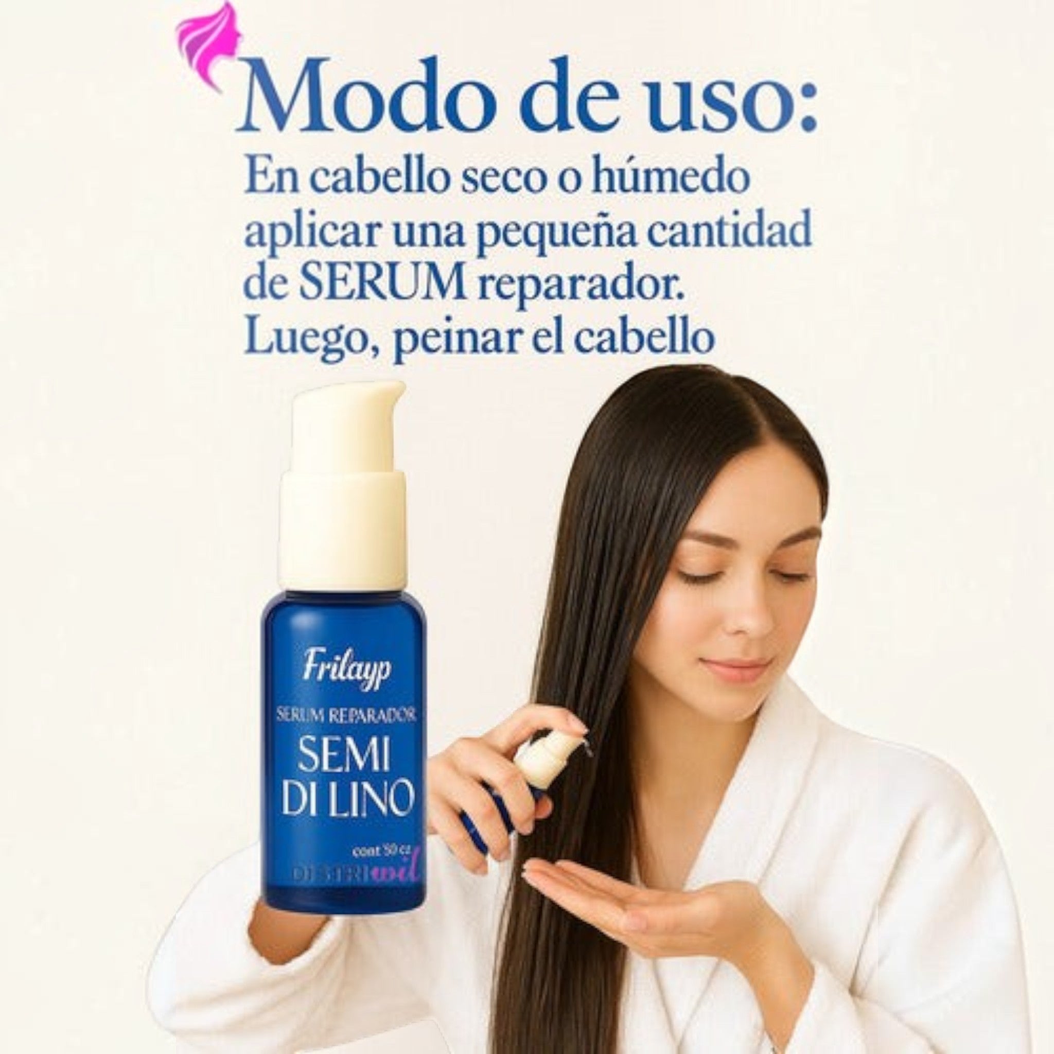 Mujer aplicando serum reparador Distriwil Semi Di Lino en su cabello largo y liso para nutrir y reparar puntas.