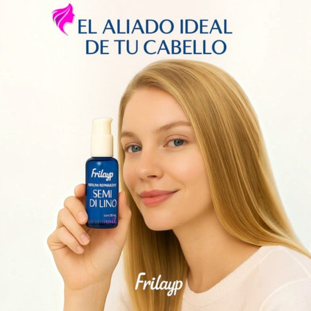 Mujer rubia sonriente sosteniendo el serum reparador de puntas Distriwil Frilayp Semi Di Lino en envase azul de 50ml