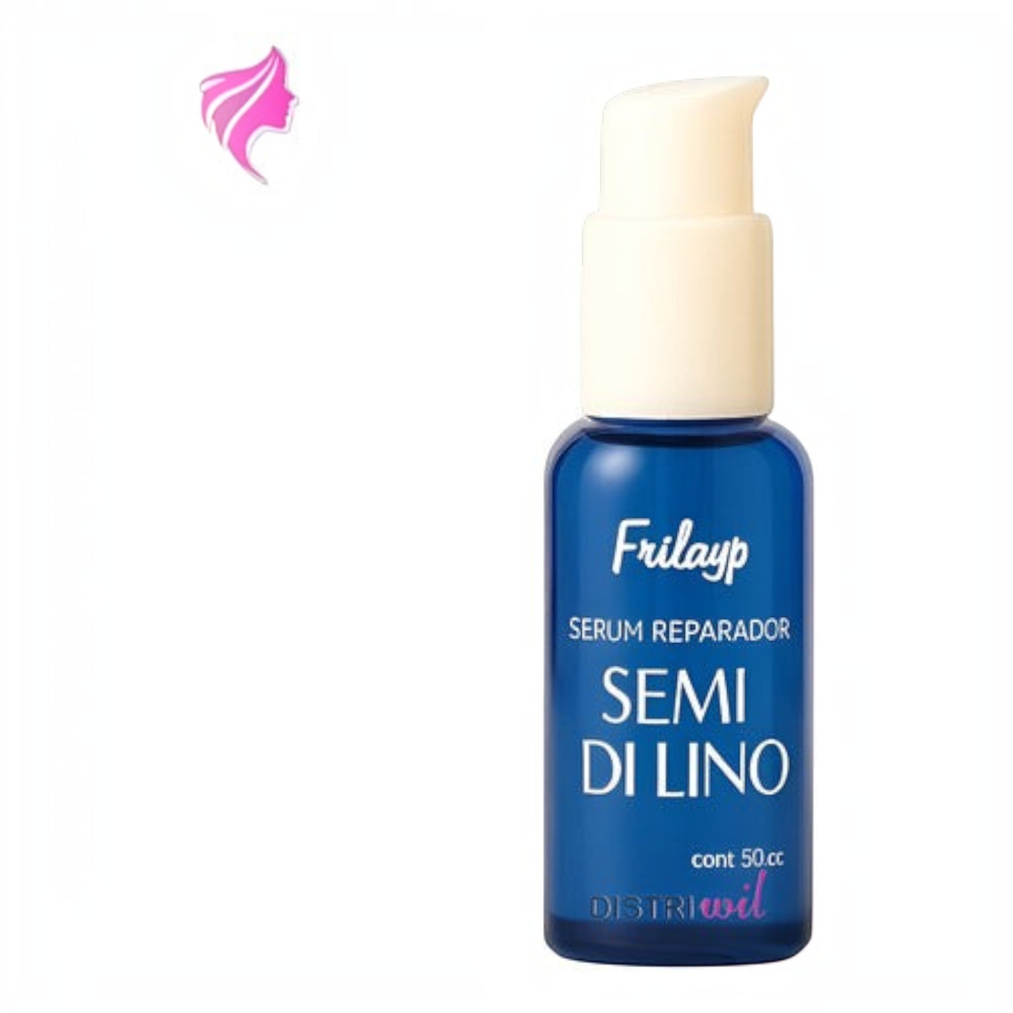 Serum reparador Distriwil Semi Di Lino Frilayp de 50cc en frasco azul con dosificador para puntas abiertas