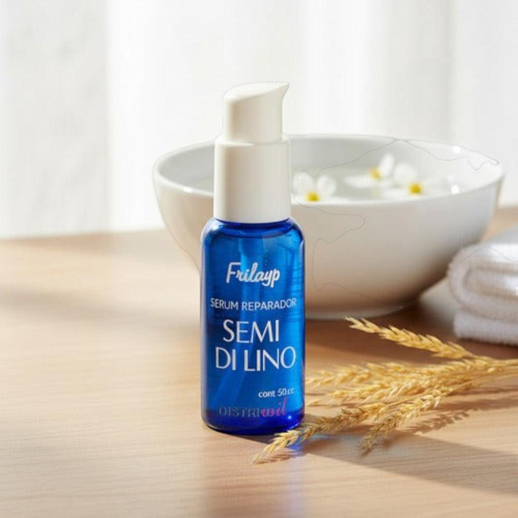 Serum reparador Distriwil Semi Di Lino en frasco azul con dosificador, ideal para reparar puntas dañadas del cabello.