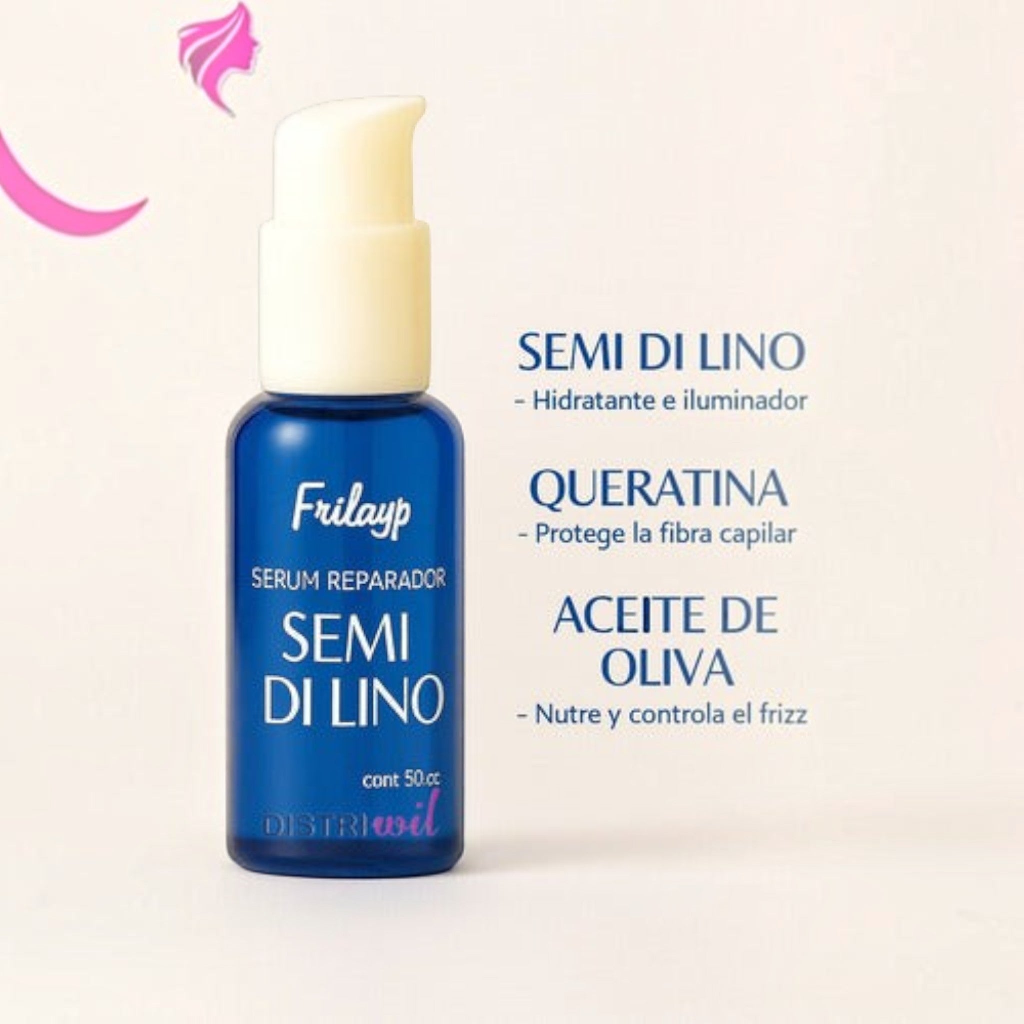 Serum reparador Distriwil Frilayp Semi Di Lino en frasco azul con dosificador, ideal para hidratar y reparar puntas.