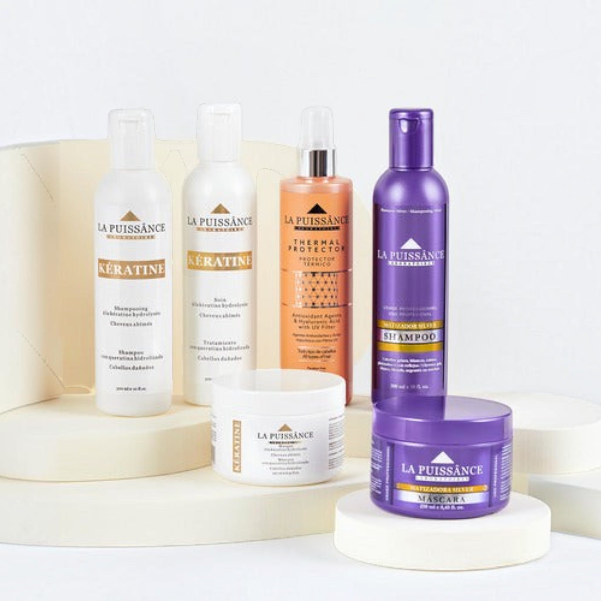 Set de productos capilares Distriwil La Puissance que incluye shampoo matizador violeta, máscaras y tratamientos