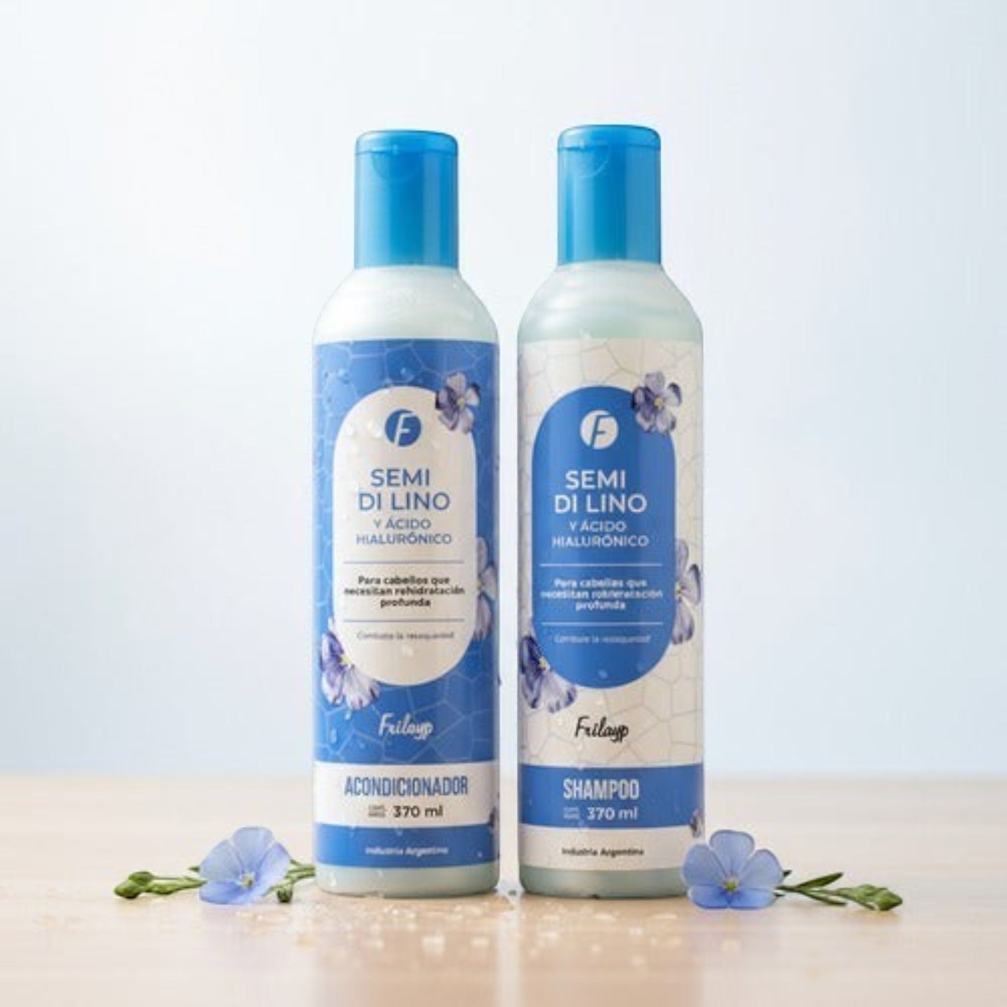 Set de shampoo y acondicionador Distriwil Frilayp con ácido hialurónico y semillas de lino para hidratación capilar.