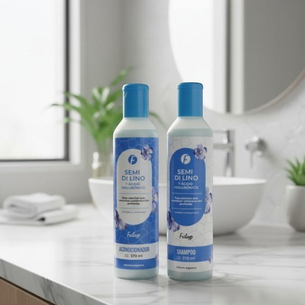 Set de shampoo y acondicionador Distriwil Frilayp con ácido hialurónico y semi di lino en envases de 370 ml