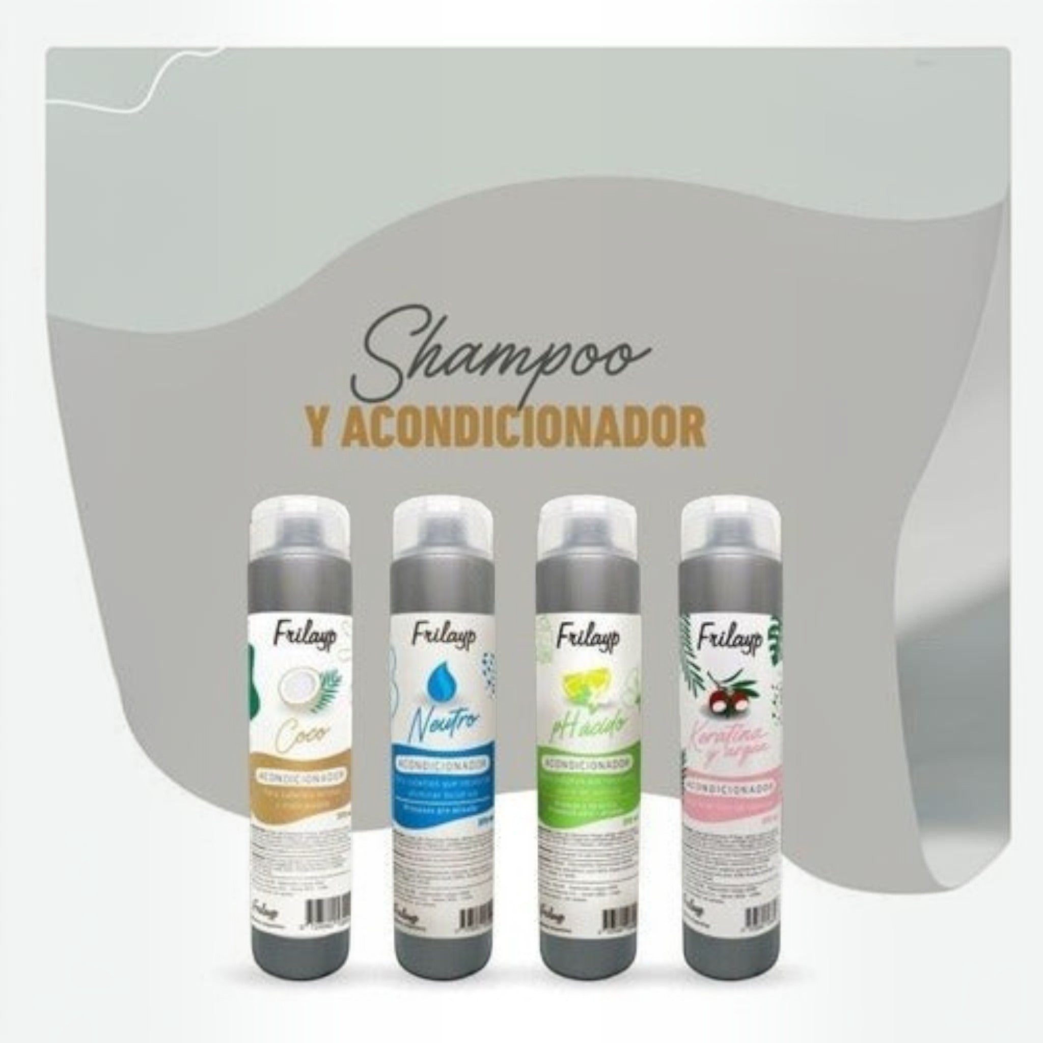 Set de cuatro botellas de shampoo y acondicionador Frilayp de 370ml con diferentes fórmulas para el cuidado capilar