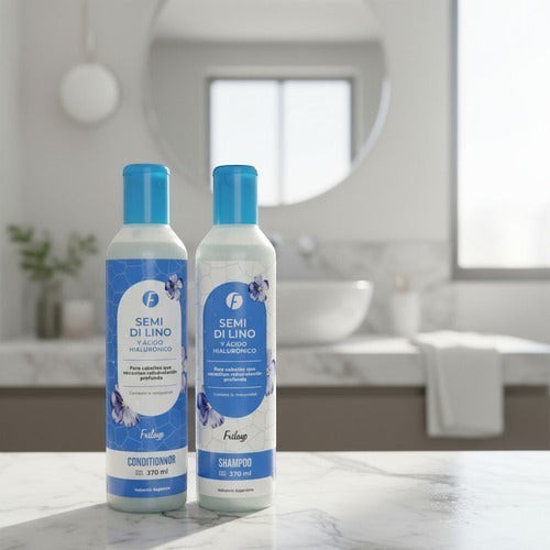 Set de shampoo y acondicionador Distriwil Frilayp con ácido hialurónico y semi di lino en envases de 370 ml