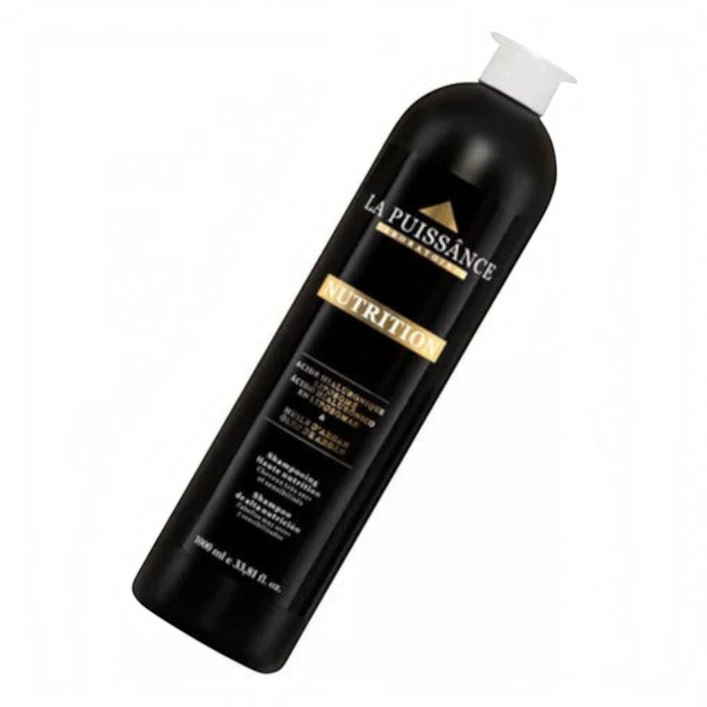Shampoo La Puissance Nutrition con aceite de argán y ácido hialurónico en envase negro de 1000ml de Distriwil