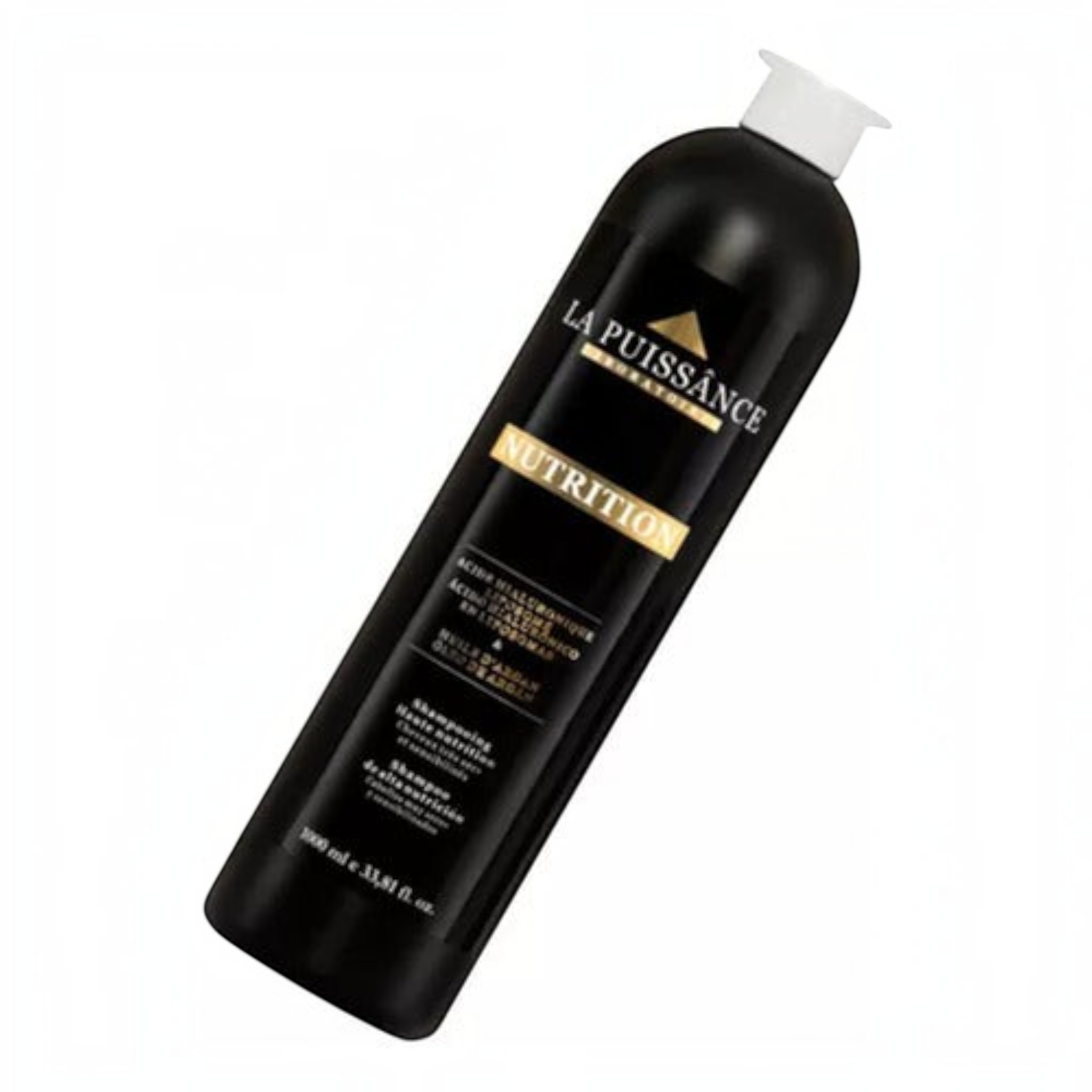 Shampoo La Puissance Nutrition con aceite de argán y ácido hialurónico en envase negro de 1000ml de Distriwil