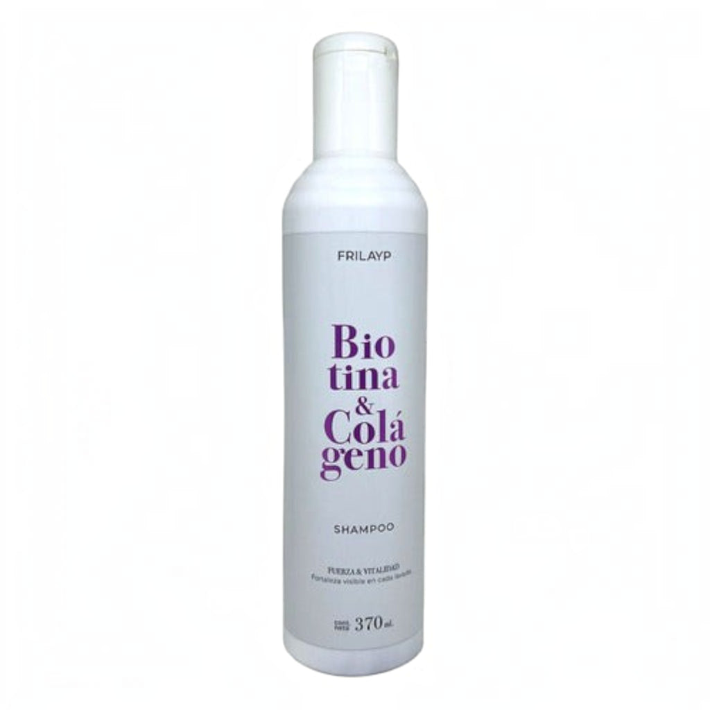 Shampoo Distriwil Frilayp con biotina y colágeno en envase blanco de 370ml para fortalecer y dar vitalidad al cabello