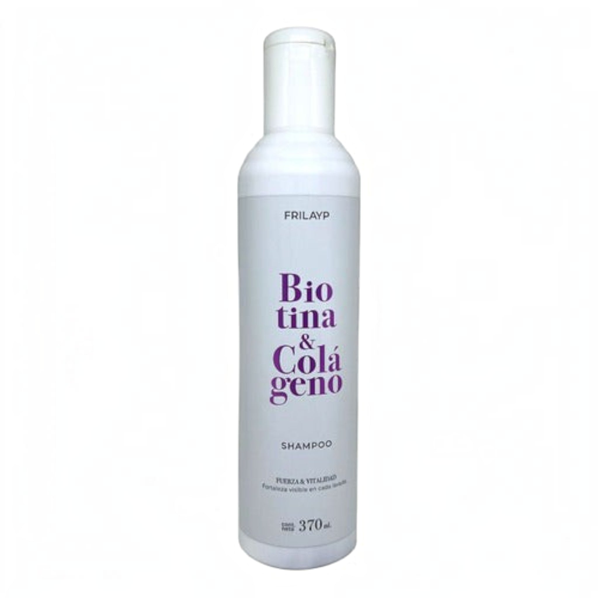 Shampoo Distriwil Frilayp con biotina y colágeno en envase blanco de 370ml para fortalecer y dar vitalidad al cabello