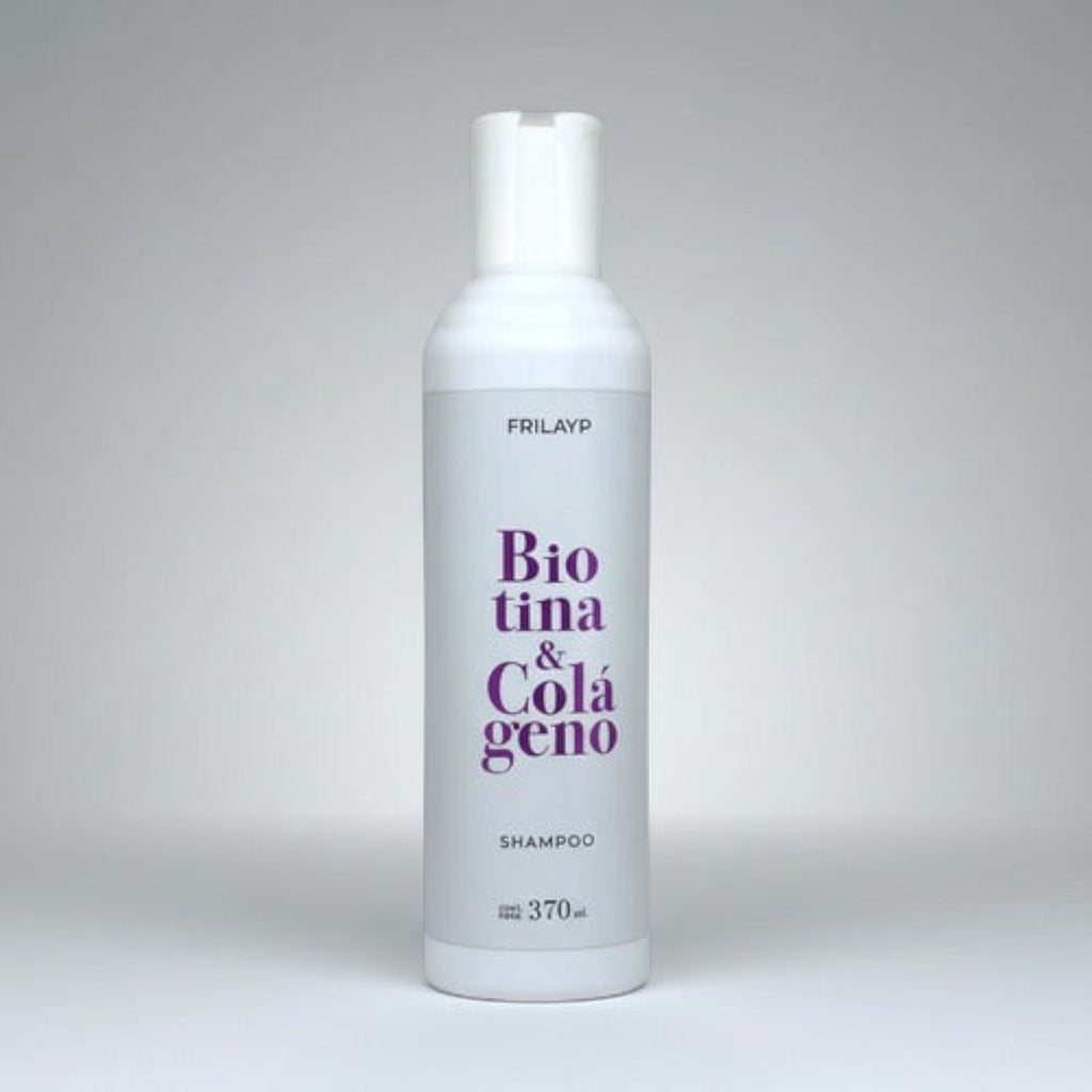 Shampoo Distriwil Frilayp con biotina y colágeno en envase blanco de 370ml para fortalecer el cabello