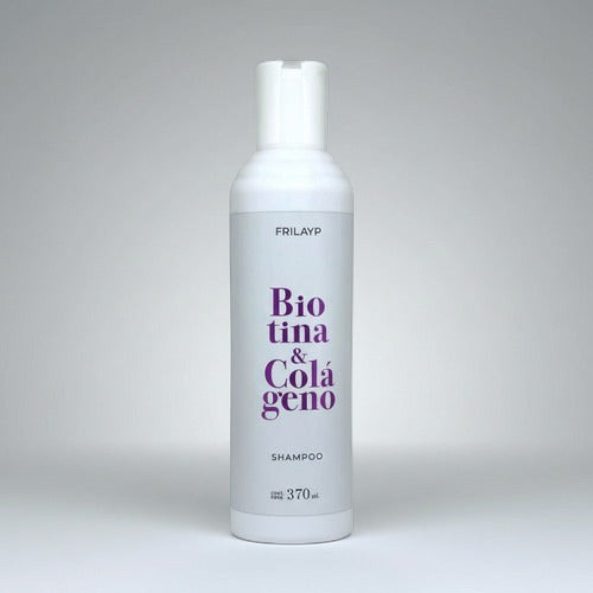 Shampoo Distriwil Frilayp con biotina y colágeno en envase blanco de 370ml para fortalecer el cabello