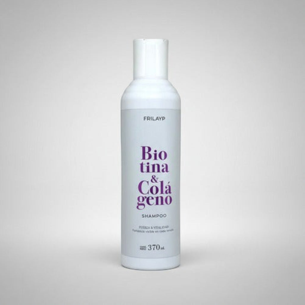 Shampoo Distriwil Frilayp con biotina y colágeno en envase blanco de 370ml para fortalecer y dar vitalidad al cabello