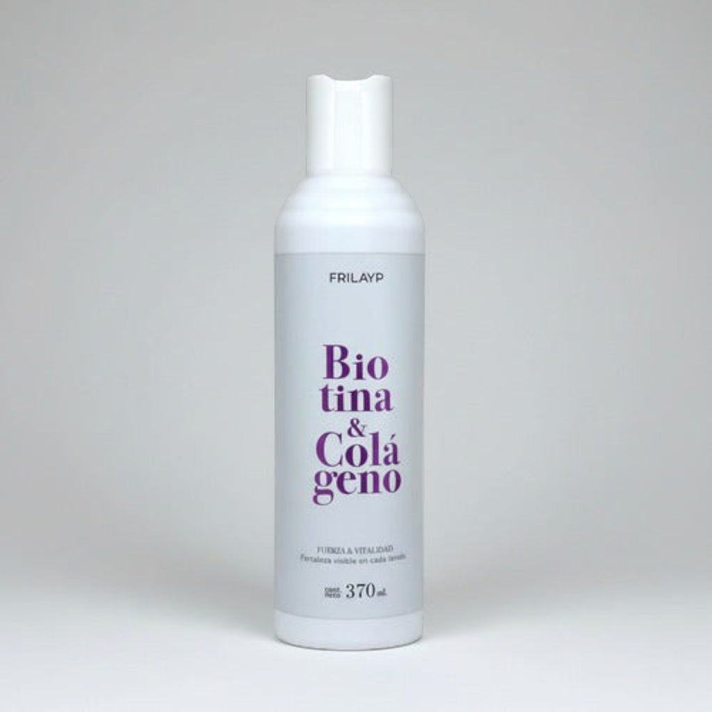 Shampoo Distriwil Frilayp con biotina y colágeno en envase blanco de 370ml para fortalecer y dar vitalidad al cabello
