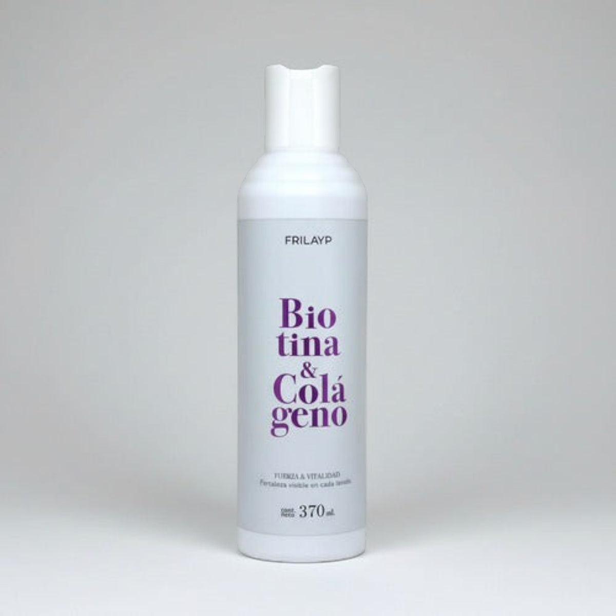 Shampoo Distriwil Frilayp con biotina y colágeno en envase blanco de 370ml para fortalecer y dar vitalidad al cabello