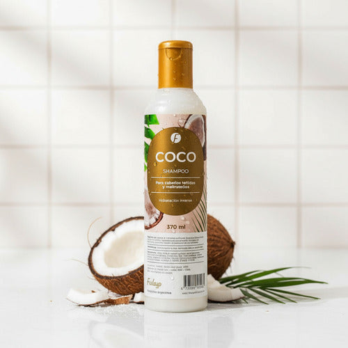Shampoo de coco Frilayp de Distriwil para cabellos teñidos y maltratados en envase de 370ml con coco natural