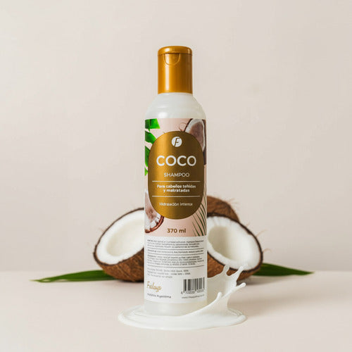 Shampoo de coco Frilayp de Distriwil para cabellos teñidos y maltratados en envase de 370ml con coco fresco