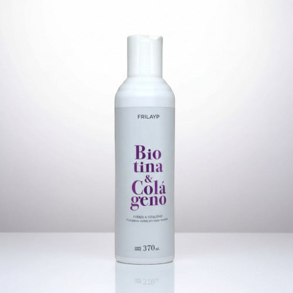 Shampoo Distriwil Frilayp con biotina y colágeno en envase blanco de 370ml para fortalecer y dar vitalidad al cabello