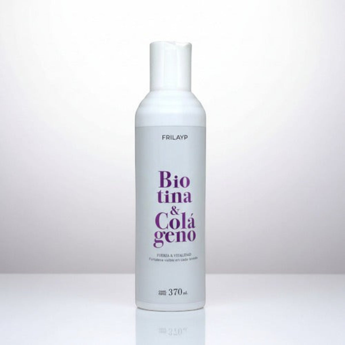 Shampoo Distriwil Frilayp con biotina y colágeno en envase blanco de 370ml para fortalecer y dar vitalidad al cabello
