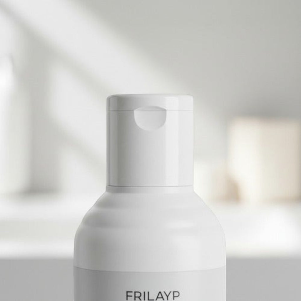 Envase de shampoo Distriwil Frilayp con biotina y colágeno, diseño minimalista en color blanco con tapa abatible