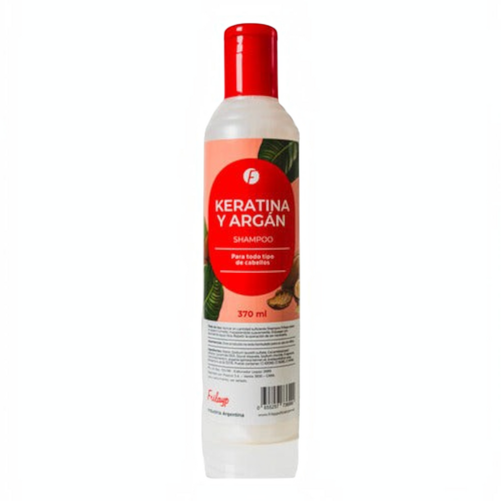Shampoo Frilayp con keratina y argán en envase de 370 ml para nutrición y brillo de todo tipo de cabello