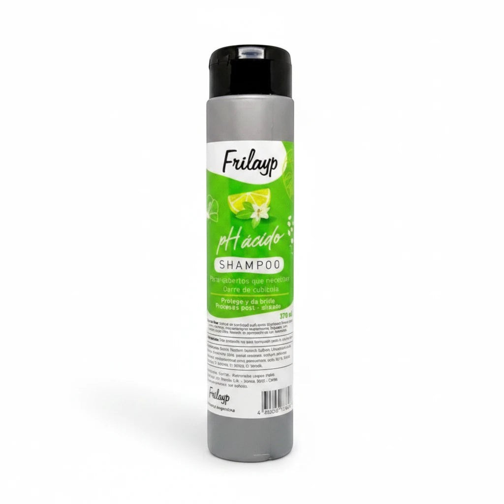 Shampoo Frilayp pH ácido de 370ml de Distriwil para cierre de cutícula en envase gris con etiqueta verde y limón